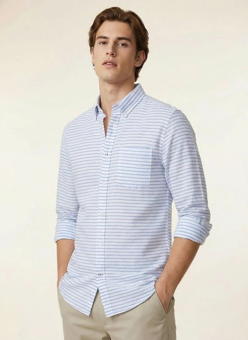 نوتيكا Men Light Blue Striped Cotton Casual Shirt