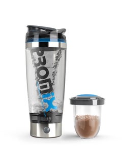 Pro Shaker Bottle iX-R Edition Rechargeable Powerful for Smooth Protein Shakes includes Supplement Storage - BPA Free 600ml Cup Silver Blue Gray