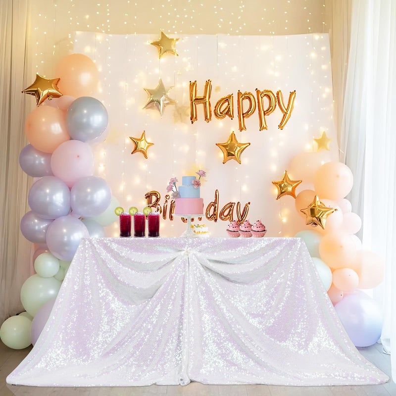 PartyDelight Sequin Tablecloth Iridescent White 60x 120 Rectangular Table Cloth Wedding Sweetheart Christmas