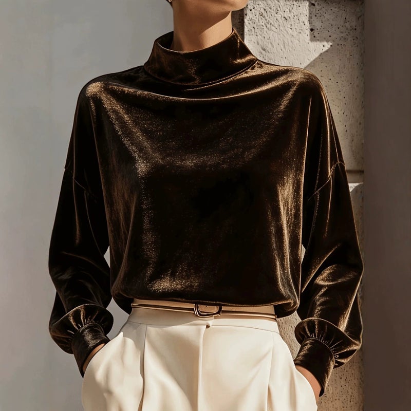 Women's Velvet Sweatshirt Loose Long Sleeve High Neck Casual Top - Image 2