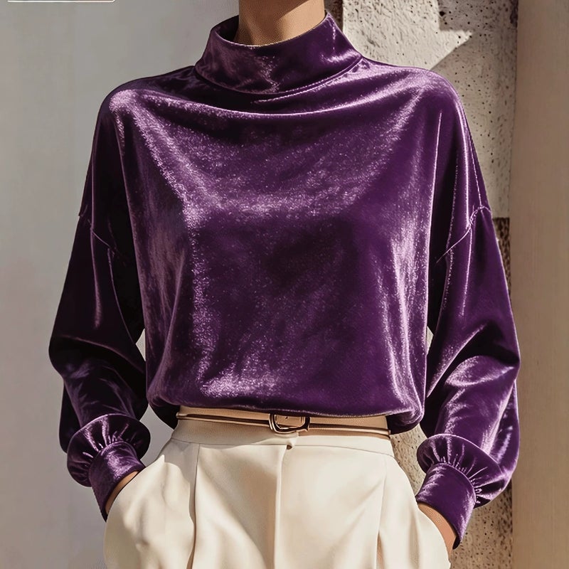 Women's Velvet Sweatshirt Loose Long Sleeve High Neck Casual Top - Image 4