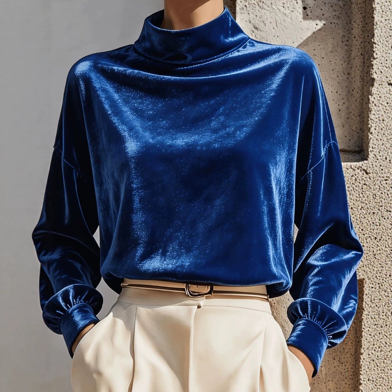 Women's Velvet Sweatshirt Loose Long Sleeve High Neck Casual Top - Image 3
