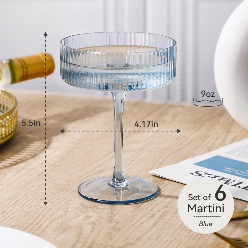 Cyrelwing Blue 9 oz Vintage Art Deco Coupe Glasses Set of 6 Blue Ribbed martini Glasses|Vintage Cocktail Glasses Set,Unique Light Sky blue Coupe Glass - Image 4