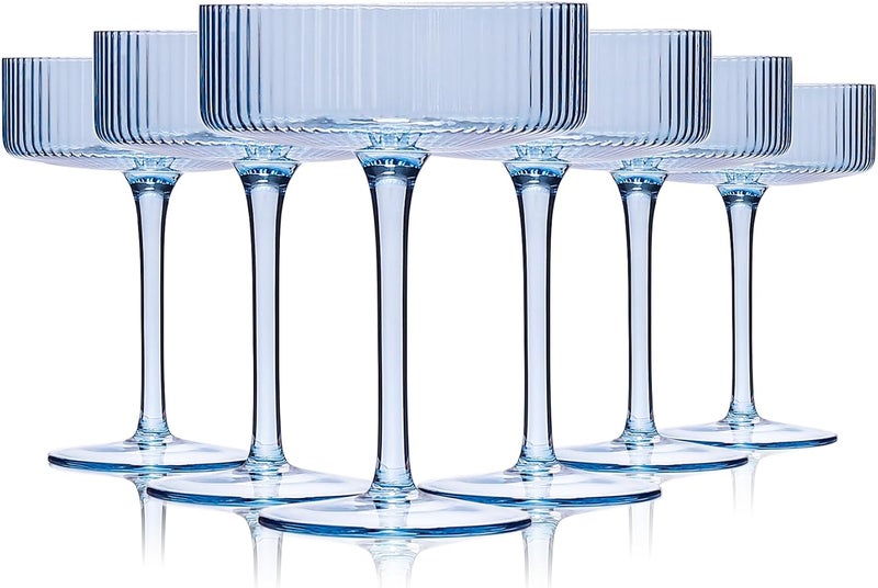 Cyrelwing Blue 9 oz Vintage Art Deco Coupe Glasses Set of 6 Blue Ribbed martini Glasses|Vintage Cocktail Glasses Set,Unique Light Sky blue Coupe Glass - Image 1