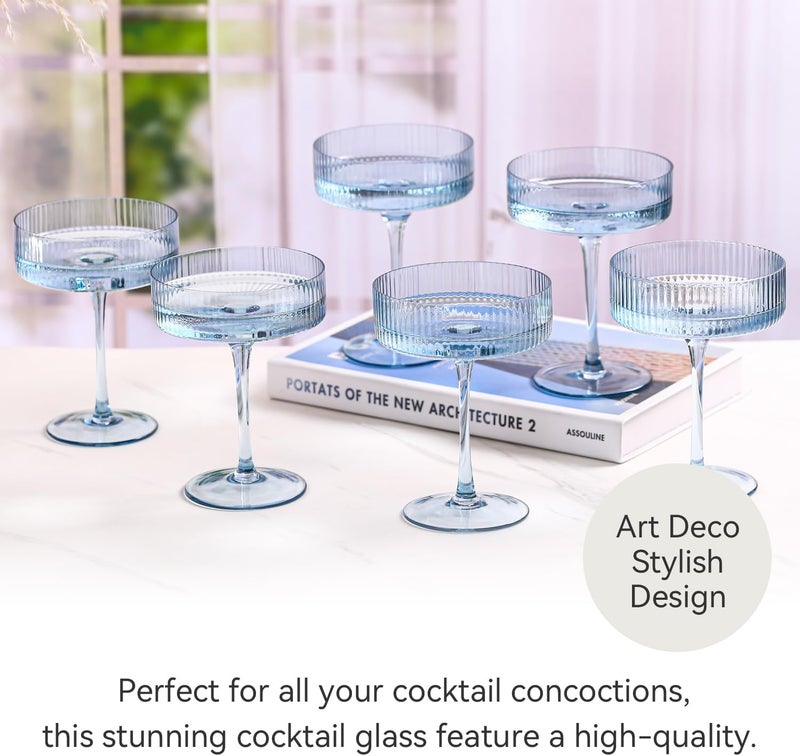 Cyrelwing Blue 9 oz Vintage Art Deco Coupe Glasses Set of 6 Blue Ribbed martini Glasses|Vintage Cocktail Glasses Set,Unique Light Sky blue Coupe Glass - Image 2