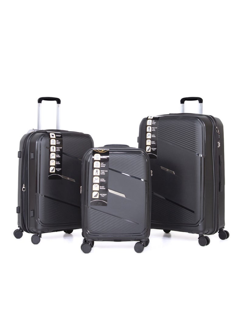 H.T H.T Luggage Bag Set of 3 Pcs, Hard Case Polypropylene (PP) Material, Matching Color Suitcase, 8x360 Degree Spinner Wheels, Expandable Trolley, Telescopic Handle, TSA Lock, SKU HT13405 - Black  - Image 1
