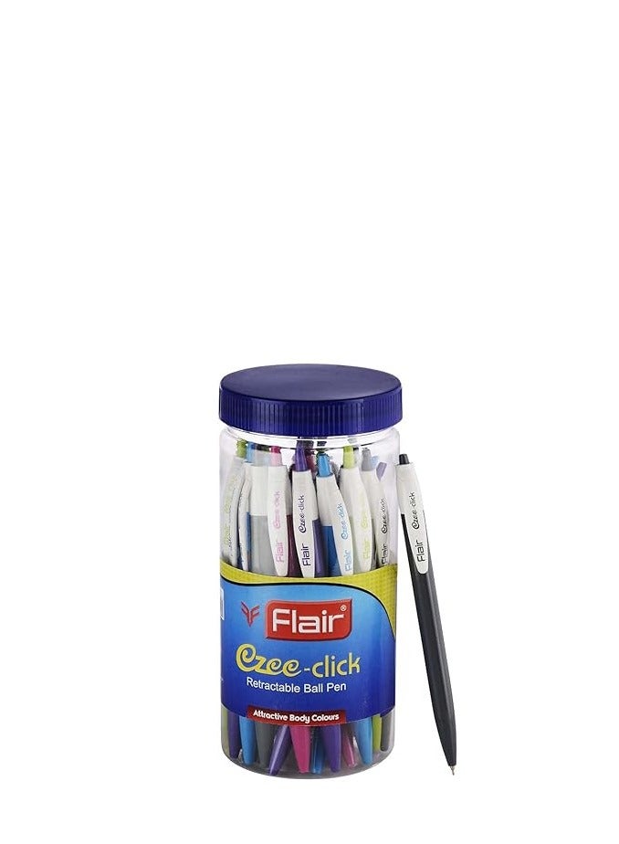 Flair FLAIR Ezee Click 0.7 to 1 mm Ball Pen Jar Pack | Retractable Mechanism With Comfortable Grip For Smooth Writing | Different Playful Body Colors | Blue Ink, Pack of 25 Pens - Image 1