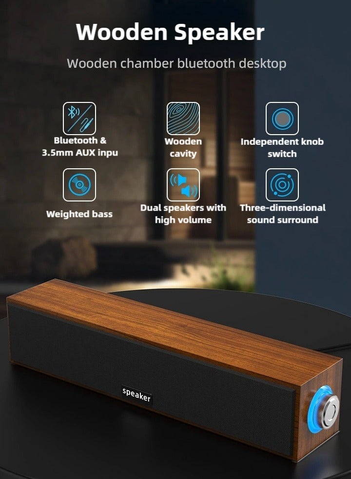 Computer Speaker Bluetooth Speaker, support Bluetooth Connection and 3.5mm AUX Input, USB Powered Wooden Soundbar with Volume Knob - Image 2