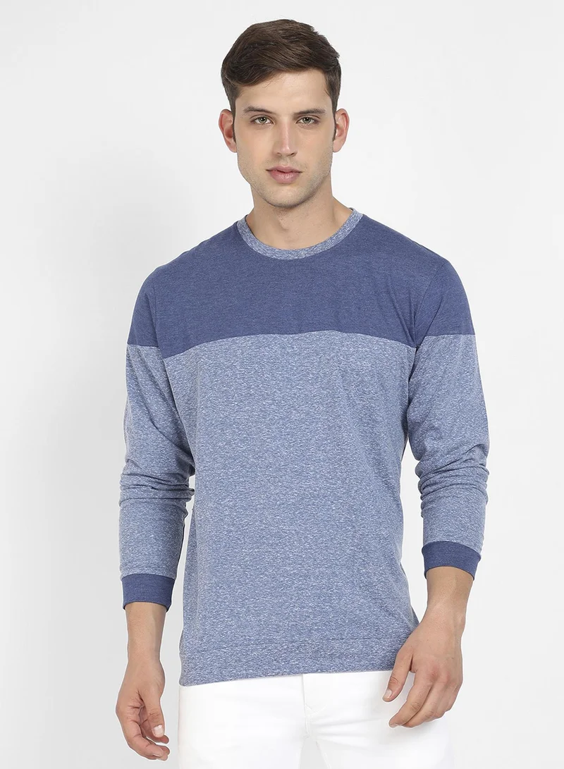 كامبوس سوترا Men's Blue Colourblocked T-Shirt For Casual Wear | Crewneck | Long Sleeve | Pull On Closure | Cotton T-Shirt Crafted With Comfort Fit For Everyday Wear