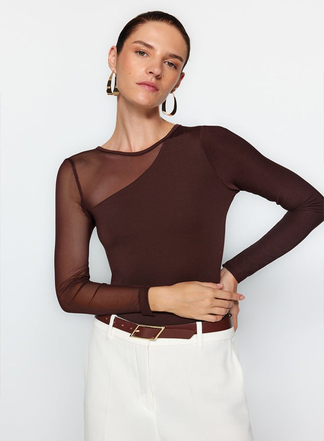 trendyol Brown Tulle Detailed Snap Snap Elastic Knitted Bodysuit TWOAW24BD00021 - Image 1