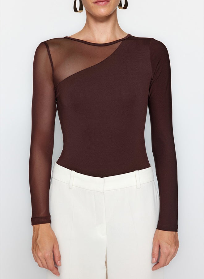 trendyol Brown Tulle Detailed Snap Snap Elastic Knitted Bodysuit TWOAW24BD00021 - Image 4