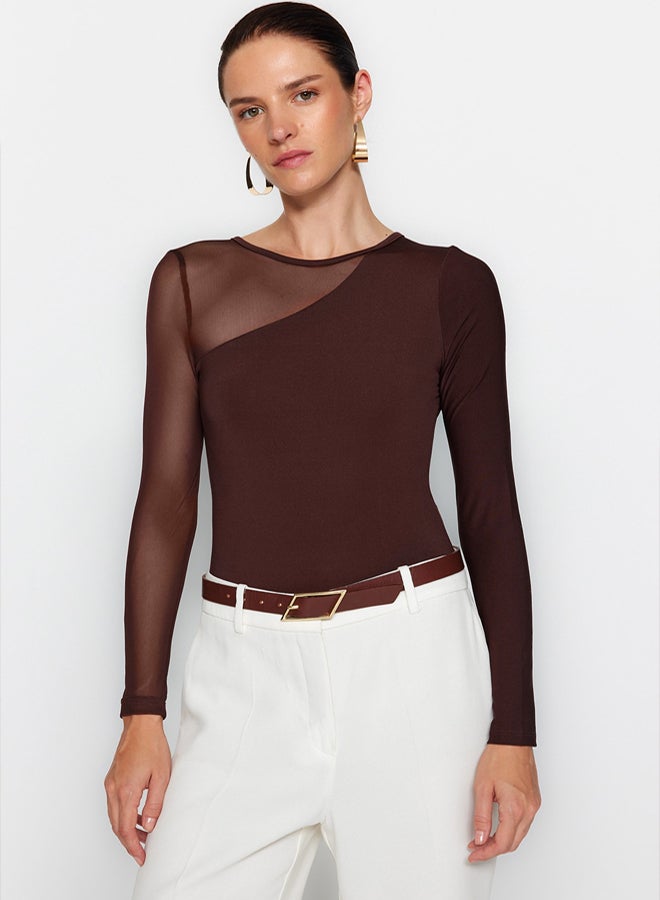 trendyol Brown Tulle Detailed Snap Snap Elastic Knitted Bodysuit TWOAW24BD00021 - Image 2