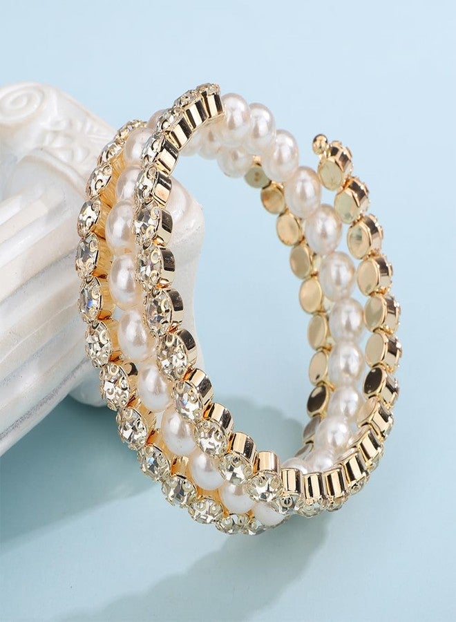 يرتير سوار زفاف YERTTER ذهبي اللون بثلاثة صفوف من اللؤلؤ وأحجار الراين، سوار مذهل متعدد الطبقات قابل للتعديل، سوار مرصع بالكريستال، هدية للنساء والعرائس (ذهبي 3) - Image 5