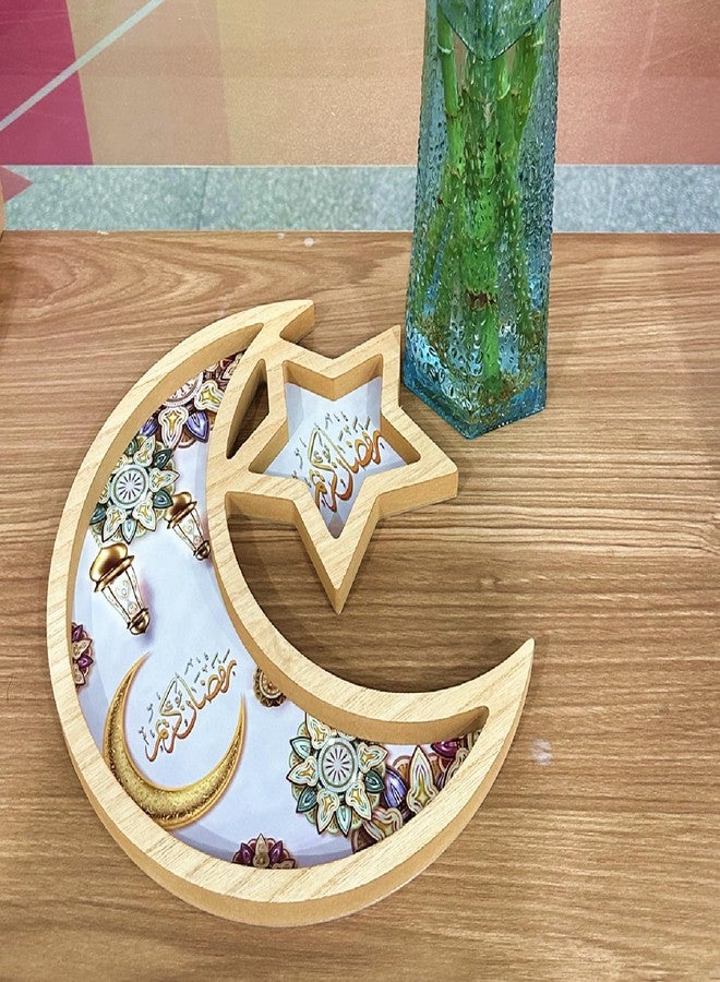 DD-life Star and Moon Salver Ramadan Serving Salver Ramadan Tray Eid Salver Food Salver Decorative Salver Fruit Storage Salver Bread Plate Divided Wooden Food Server - Image 3