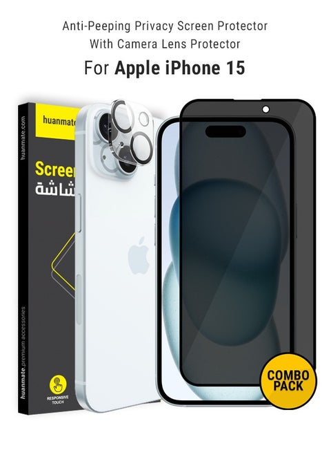 2 in 1 Protection Pack Of Privacy Screen Protector With Camera Protector For Apple iPhone 15 Black