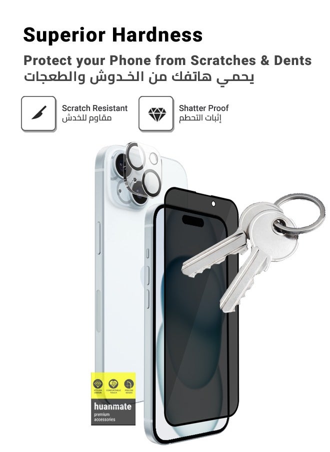 2 in 1 Protection Pack Of Privacy Screen Protector With Camera Protector For Apple iPhone 15 Black
