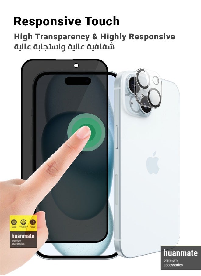 2 in 1 Protection Pack Of Privacy Screen Protector With Camera Protector For Apple iPhone 15 Black