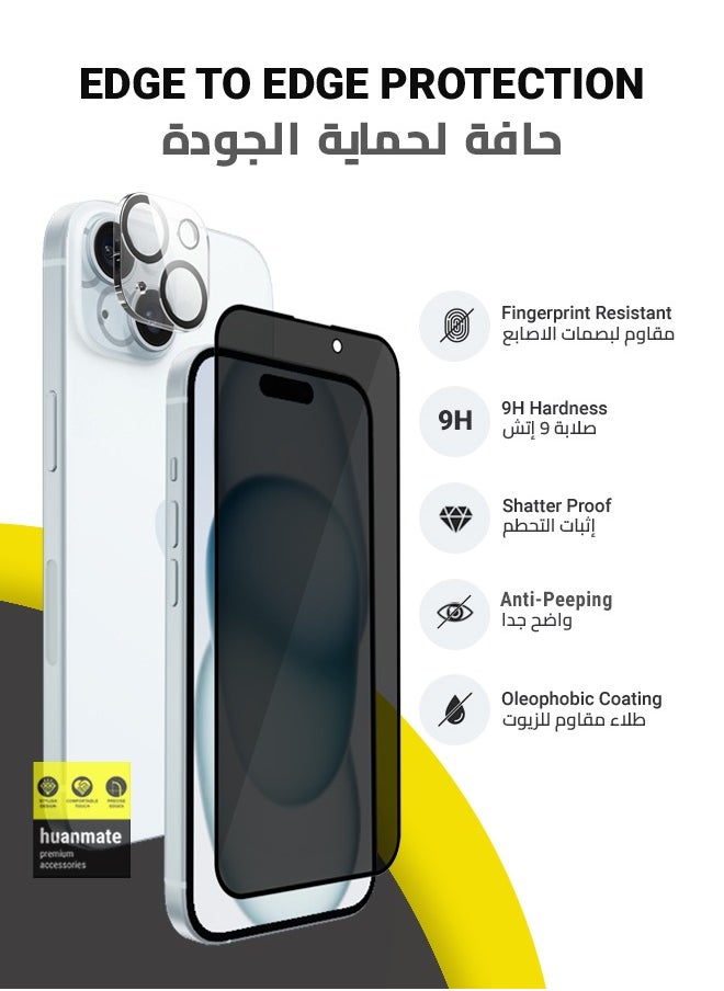 2 in 1 Protection Pack Of Privacy Screen Protector With Camera Protector For Apple iPhone 15 Black