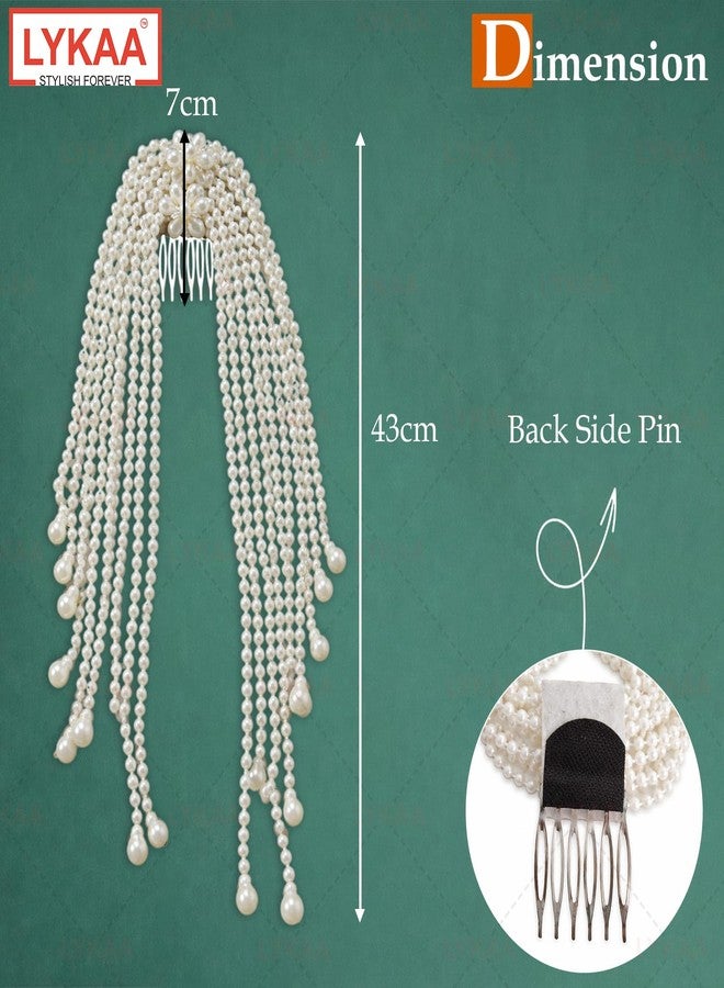LYKAA Pearl Bridal Hair Comb Clip with Long Beaded Tassels | Wedding Juda Hair Accessory for Bridal Bun & Hairstyles, 1 Pcs White - Image 3