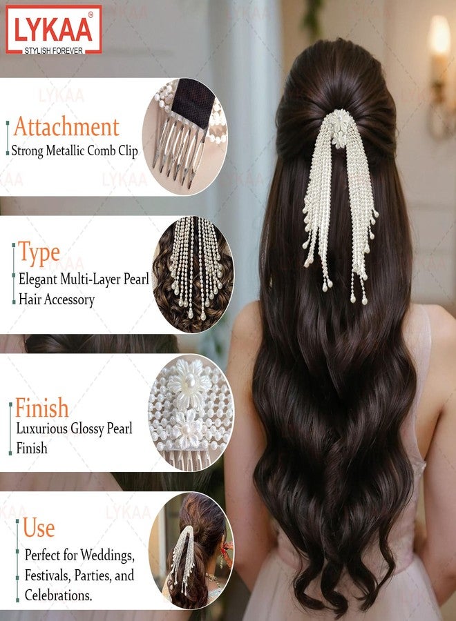 LYKAA Pearl Bridal Hair Comb Clip with Long Beaded Tassels | Wedding Juda Hair Accessory for Bridal Bun & Hairstyles, 1 Pcs White - Image 4