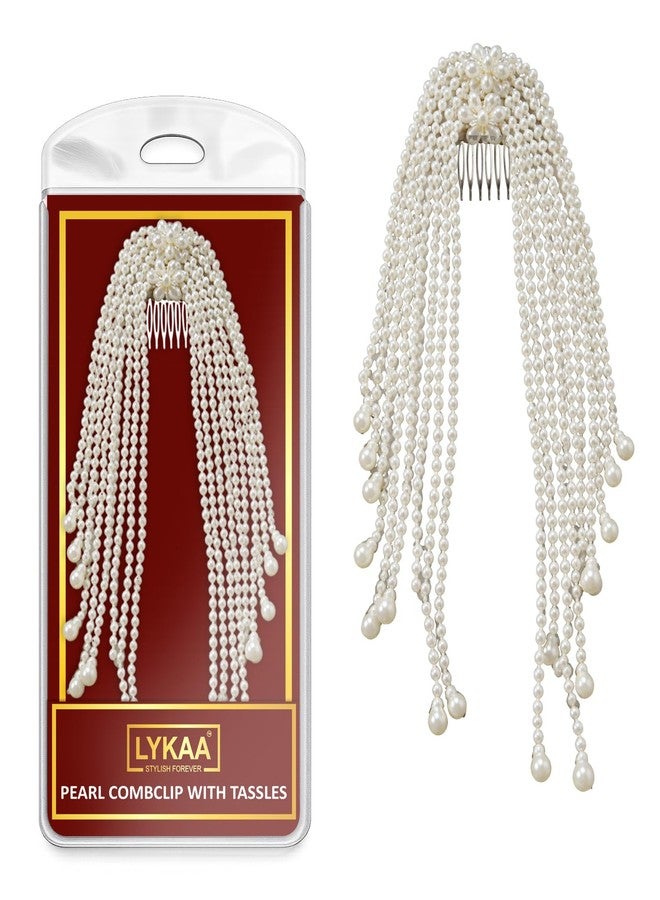 LYKAA Pearl Bridal Hair Comb Clip with Long Beaded Tassels | Wedding Juda Hair Accessory for Bridal Bun & Hairstyles, 1 Pcs White - Image 2