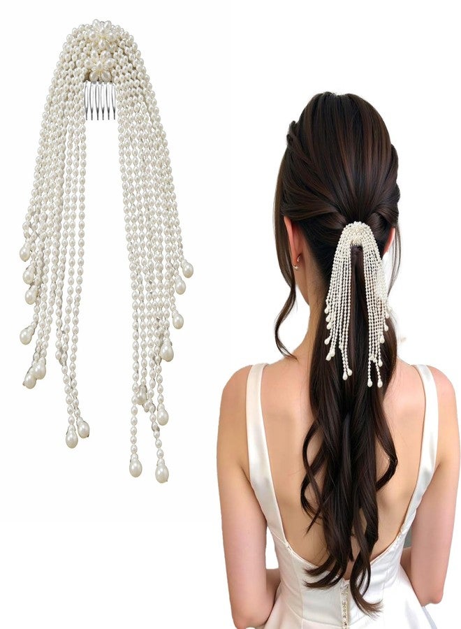 LYKAA Pearl Bridal Hair Comb Clip with Long Beaded Tassels | Wedding Juda Hair Accessory for Bridal Bun & Hairstyles, 1 Pcs White - Image 1