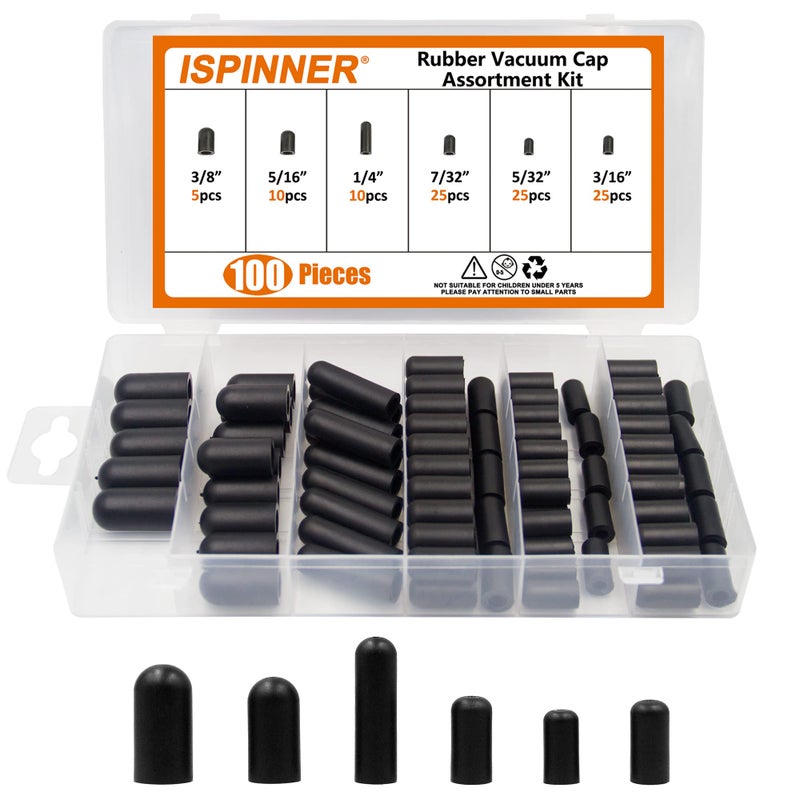 ISPINNER 100pcs Rubber Vacuum Caps Assortment Kit Hose End Caps for Carburetor Manifold Automotive 316 532 732 14 516 38