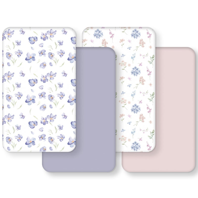 FIEMOL Baby Crib Sheets Girl, Toddler Bed Sheets Fitted for 52â€x28â€Standard Crib and Toddler Mattresses, 4 Pack Soft Breathable Stretchy Pink Purple Floral - Image 1
