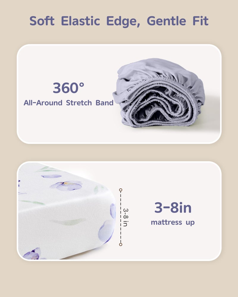 FIEMOL Baby Crib Sheets Girl, Toddler Bed Sheets Fitted for 52â€x28â€Standard Crib and Toddler Mattresses, 4 Pack Soft Breathable Stretchy Pink Purple Floral - Image 5