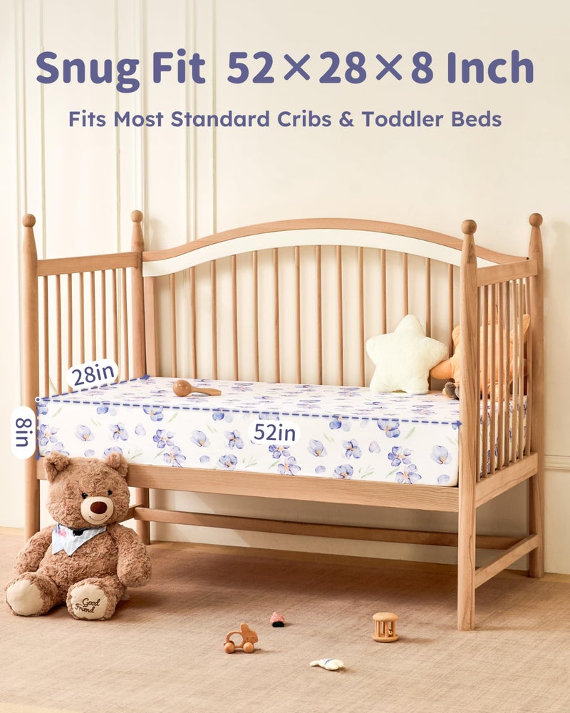 FIEMOL Baby Crib Sheets Girl, Toddler Bed Sheets Fitted for 52â€x28â€Standard Crib and Toddler Mattresses, 4 Pack Soft Breathable Stretchy Pink Purple Floral - Image 2