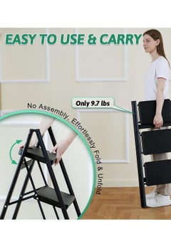 Milatech Heavy-Duty Steel 3-Step Ladder, Foldable Step Stool with Non-Slip Steps & 150kg Capacity, Space-Saving Sturdy Ladder for Kitchen, Home, Office, Garage (Black)  - Image 4