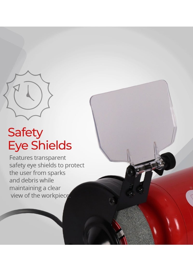 عفرا مطحنة مقاعد أفرا، 200 × 25 مم، 700 وات، 1490 دورة في الدقيقة، محركات حثية صامتة مع محمل كروي، درع عين قابل للتعديل وعاكس شرارة، ضوء LED مع مفتاح مستقل، AFT-25-200BGRD، ضمان لمدة عام - Image 3