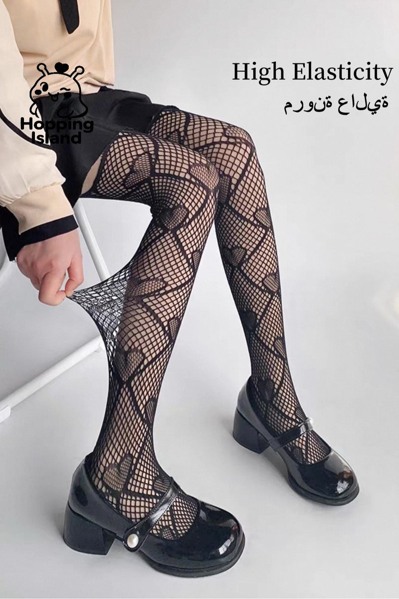 Hopping Island HI Floral Fishnet Elasticity Stocking Tights with Heart Black - Image 1
