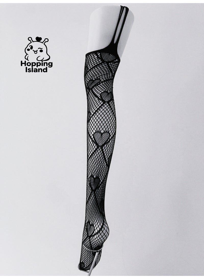 Hopping Island HI Floral Fishnet Elasticity Stocking Tights with Heart Black - Image 4