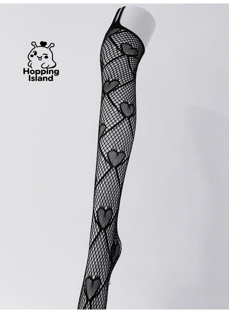 Hopping Island HI Floral Fishnet Elasticity Stocking Tights with Heart Black - Image 3