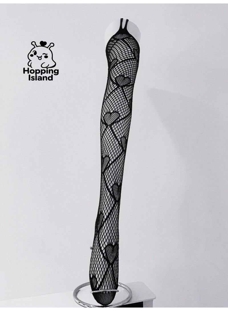 Hopping Island HI Floral Fishnet Elasticity Stocking Tights with Heart Black - Image 5