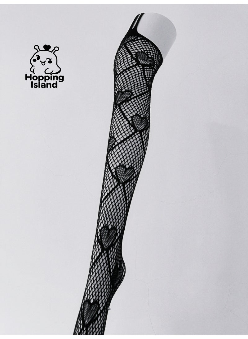 Hopping Island HI Floral Fishnet Elasticity Stocking Tights with Heart Black - Image 2