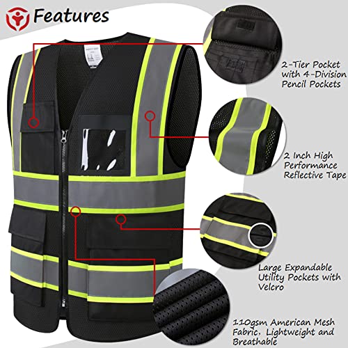 ASIPHITU Reflective High Visibility Safety Vest for Men Women Security with Pockets Zipper Front for Work Vest with Reflective Strips Meets ANSI/ISEA Standards(H-Black-XL) - Image 3