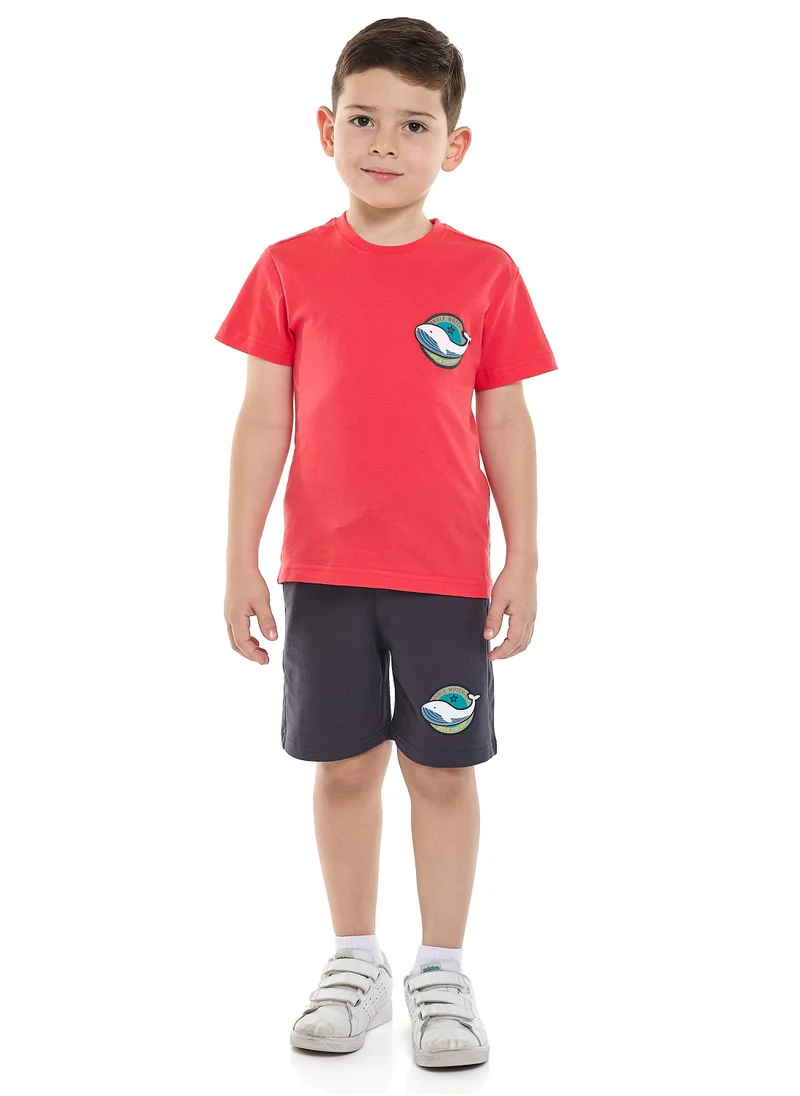 فكتور اند جين Victor and Jane Printed T-Shirt & Pull-On Shorts with Pockets - Coral & Dark Grey