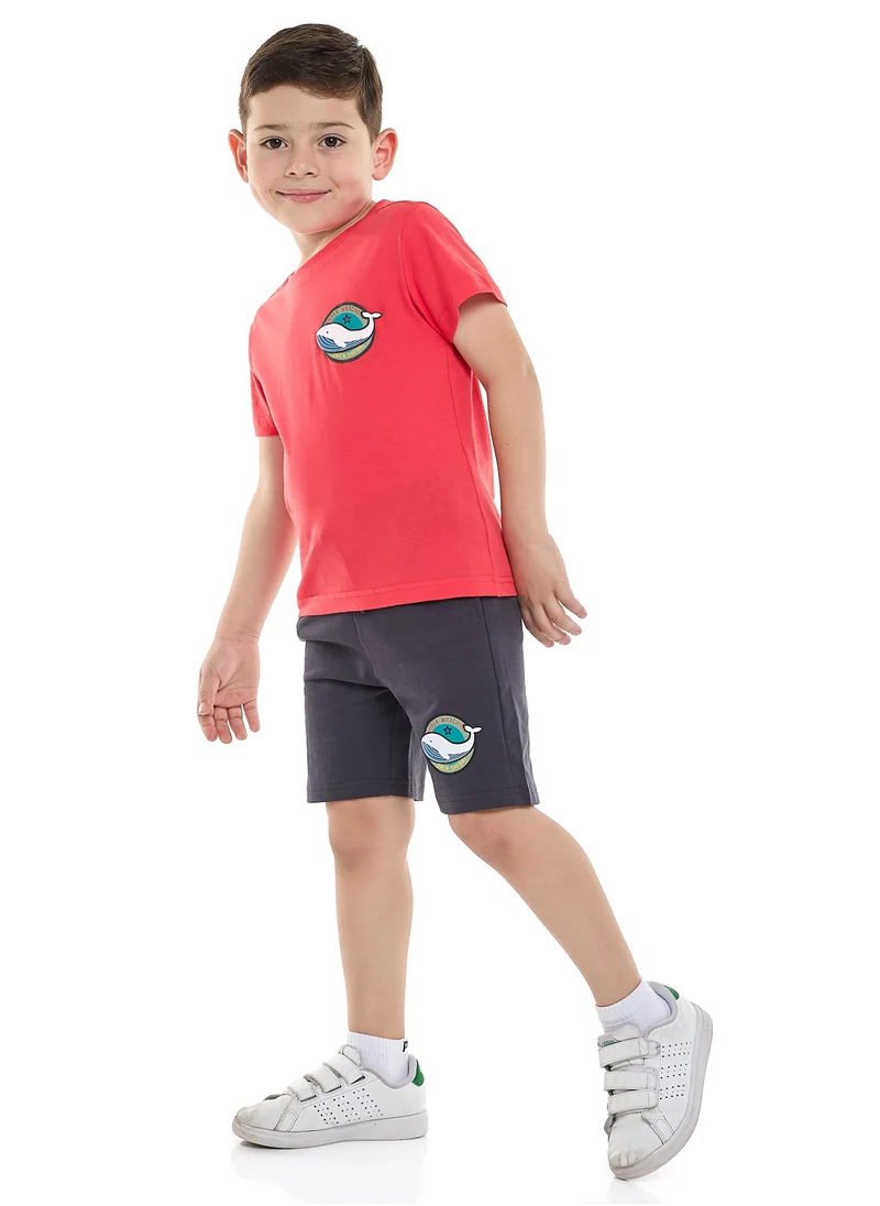فكتور اند جين Victor and Jane Printed T-Shirt & Pull-On Shorts with Pockets - Coral & Dark Grey