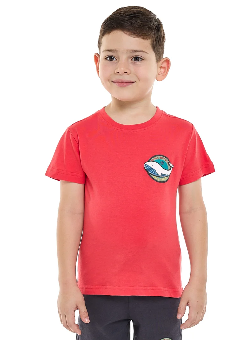 victor and jane Boys 2 PC Set - Printed T-Shirt & Pull-On Shorts with Pockets - Coral & Dark Grey