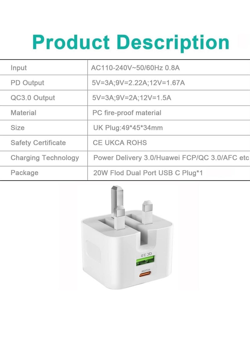 Necomi - USB C Plug Fast Charge Plug, 20W USB Type C and USB A Wall Charging Plug Adapter Dual Port Mains Charger - Image 1