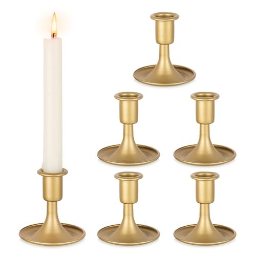 Inweder Gold Taper Candle Holder Vintage Small Candle Sticks Holder Decor Brass Candlestick Holders for Home Dinning Table Wedding Centerpiece Holiday Party Chrismas Mantel Set of 6 - Image 1