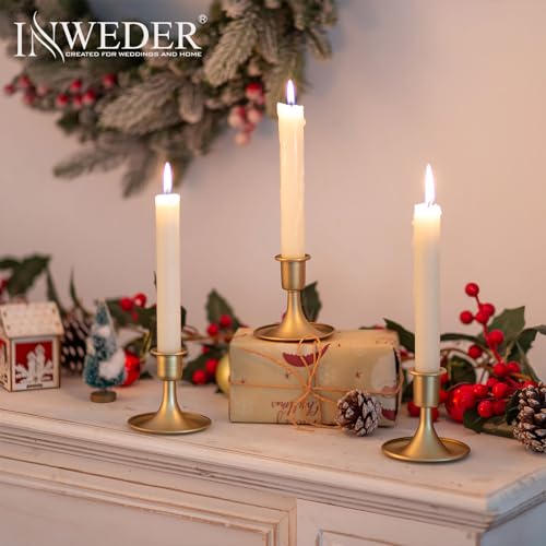 Inweder Gold Taper Candle Holder Vintage Small Candle Sticks Holder Decor Brass Candlestick Holders for Home Dinning Table Wedding Centerpiece Holiday Party Chrismas Mantel Set of 6 - Image 3