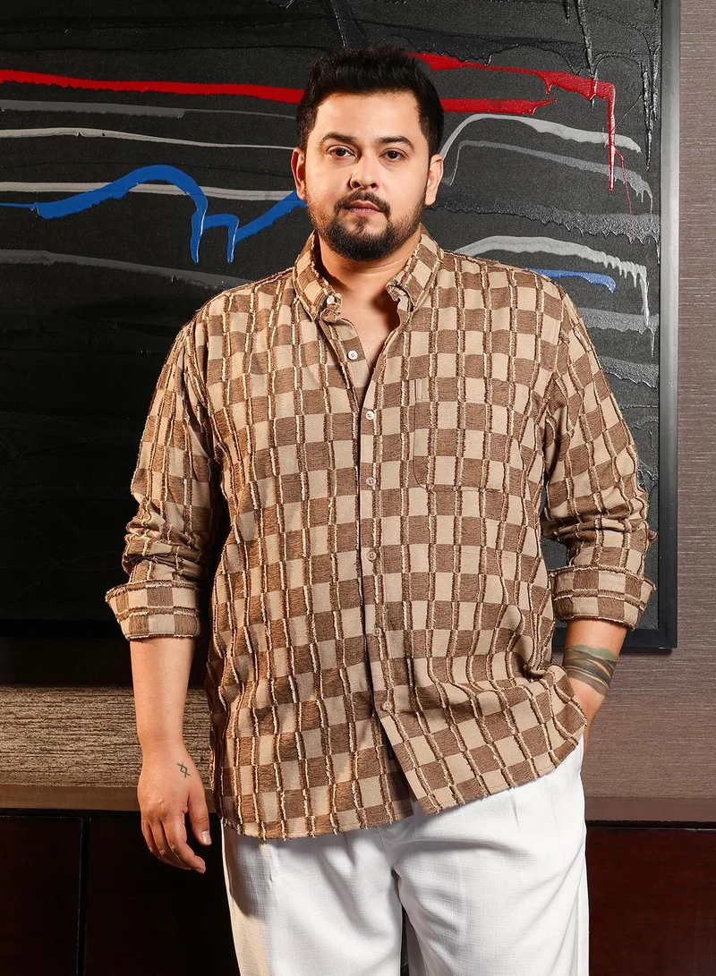 Instafab Plus Instafab Plus Men's Mocha Brown & Ecru Beige Block-Edge Shirt For Casual Wear | Spread Collar | Long Cuffed Sleeves | Button Closure | Plus Size Shirt Crafted With Comfort Fit For Everyday Wear