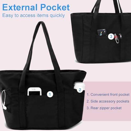 CTWWFS Tote Bag for Women, Travel Essentials Large Tote Bag with Zipper, Top Handle Handbag for Travel, Work (Black) - Image 4