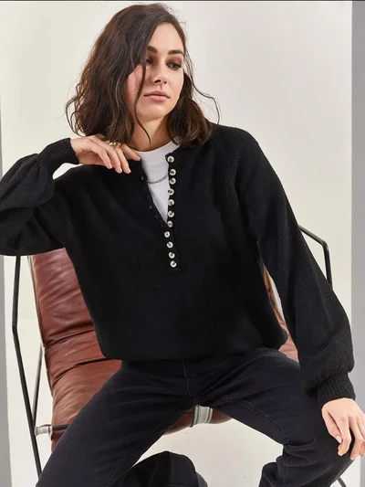 Bianco Lucci Button Collar Relaxed Fit Knit Sweater