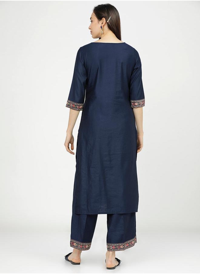 Vishudh Women Navy Blue & Red Printed Cotton Kurta Set with Dupatta by Styli  - Image 4