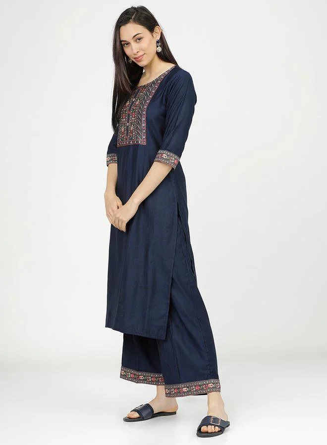 Vishudh Women Navy Blue & Red Printed Cotton Kurta Set with Dupatta by Styli