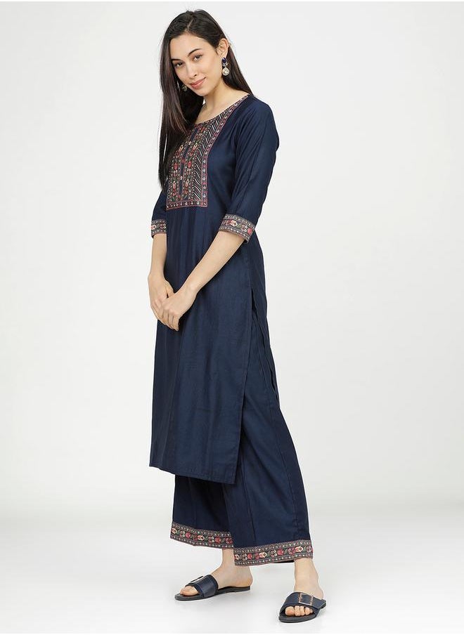 Vishudh Women Navy Blue & Red Printed Cotton Kurta Set with Dupatta by Styli  - Image 3